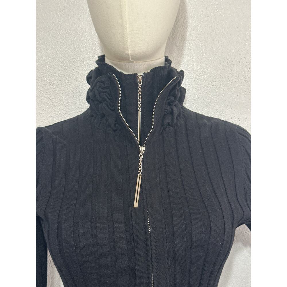 Y2K Belldini Ribbed High Neck Ruffle Penny Lane Cardigan Sweater L Black Trendy - Picture 2 of 15